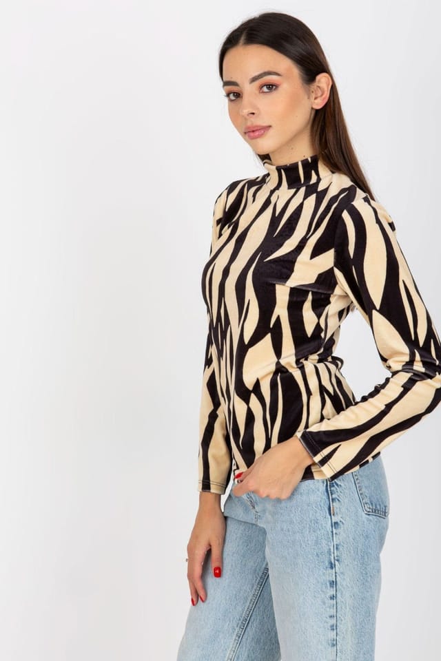 Love Lace Love Lace Women's Patterned Velour Stand Collar Long Sleeve Blouse in Beige - 2