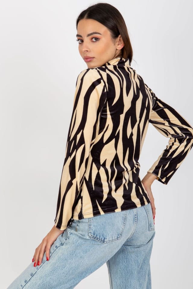Love Lace Love Lace Women's Patterned Velour Stand Collar Long Sleeve Blouse in Beige - 3