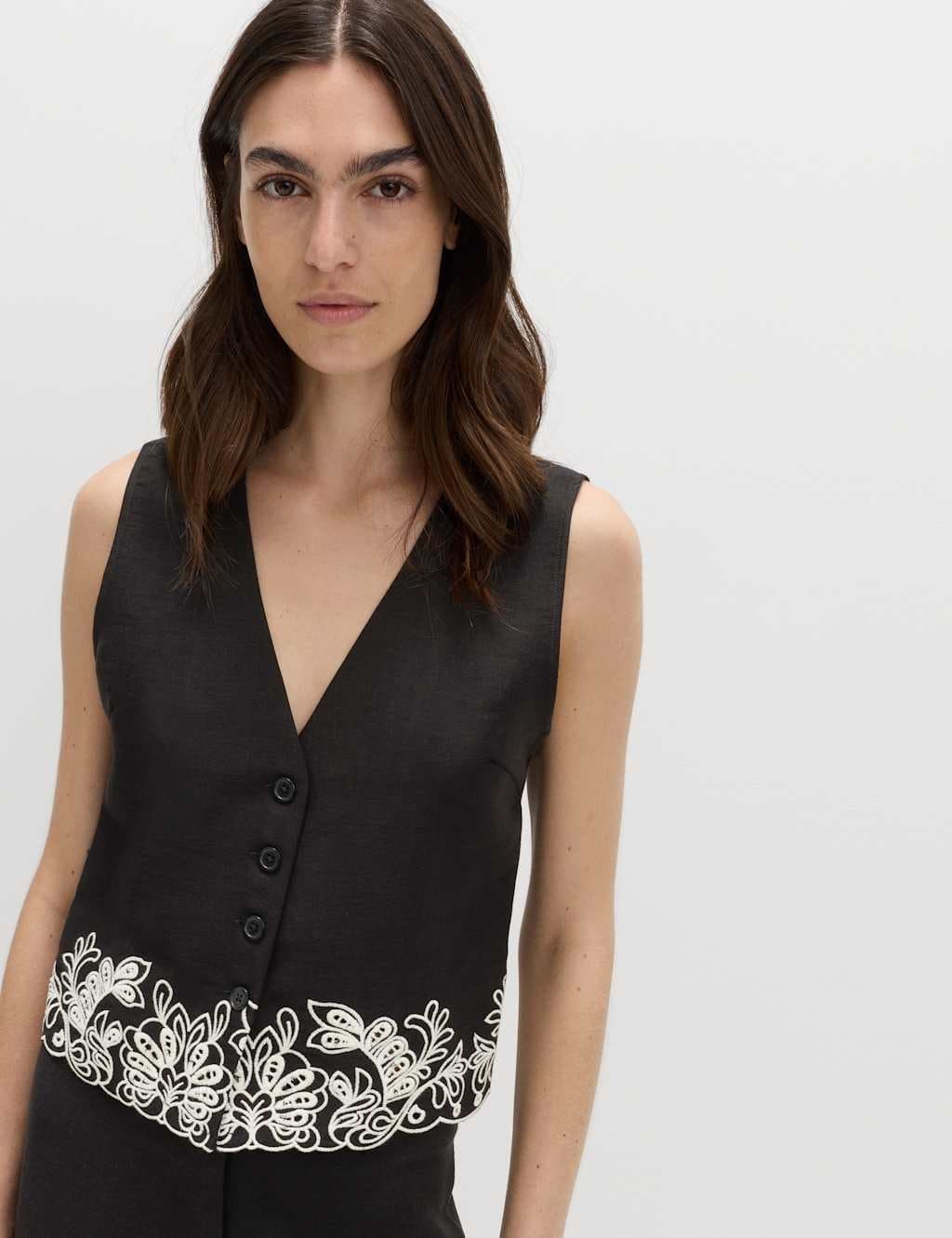 Marks & Spencer M&S Modal Rich Cutwork Trim Waistcoat with Linen Black Mix