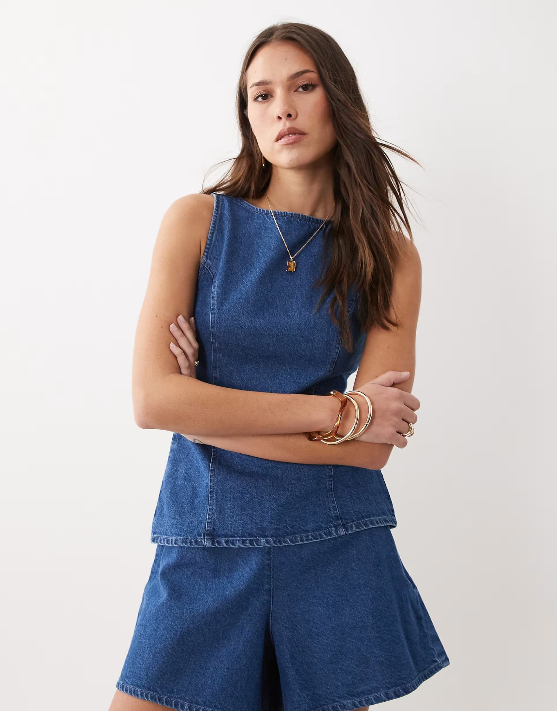 ASOS ASOS DESIGN denim clean a line short & tie back top co-ord in mid blue