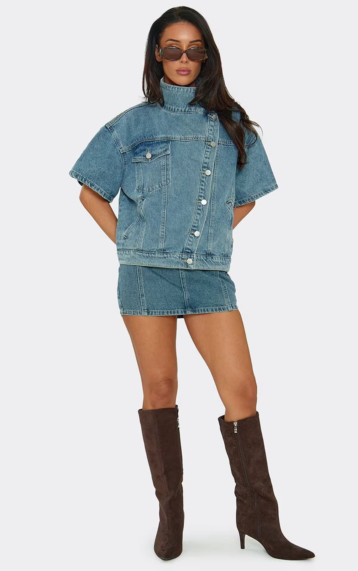 EGO Low Rise Seam Detail Mini Skirt In Vintage Blue Denim, Women's Size UK 6