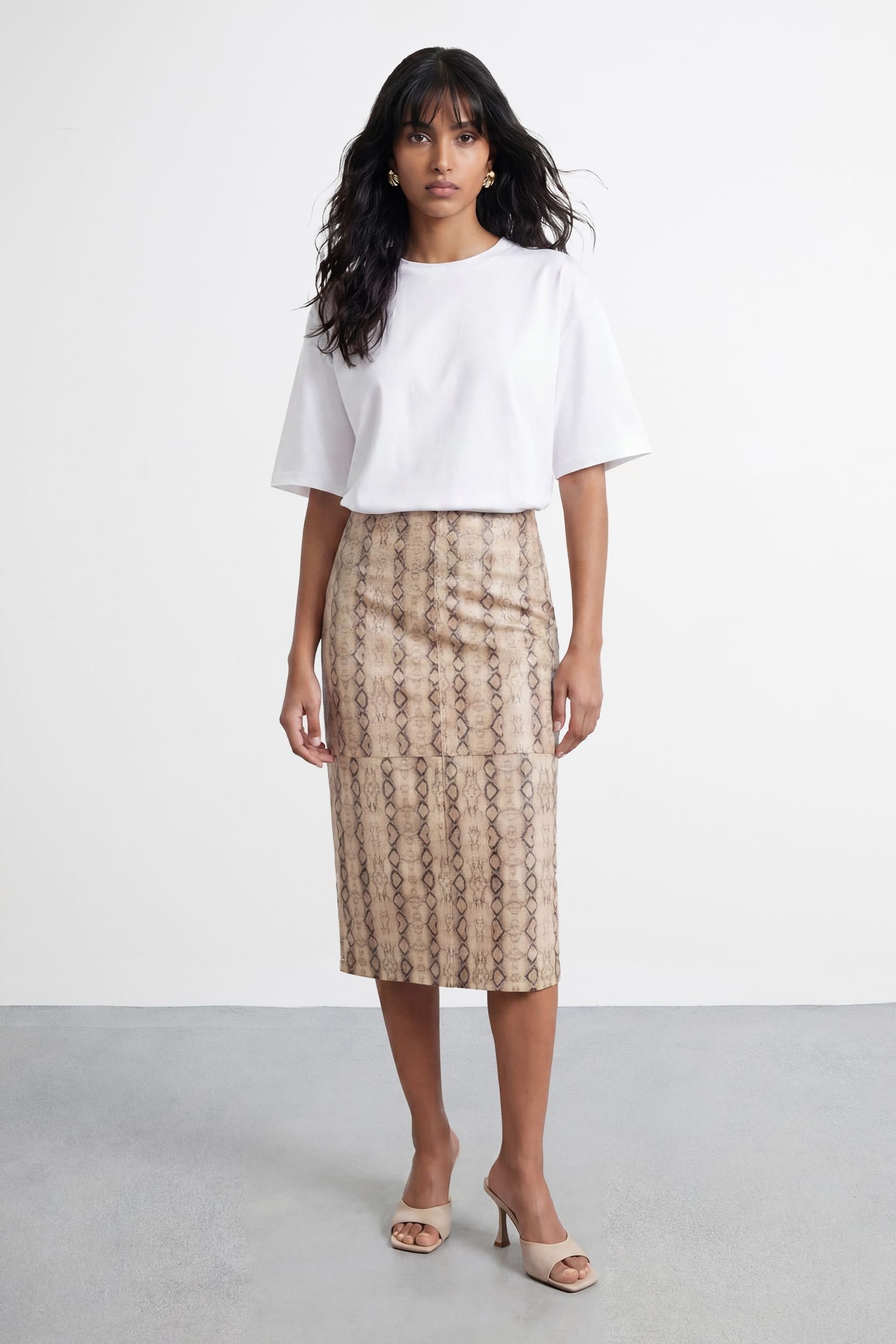 Warehouse Cream Snake Print Faux Leather Midi Skirt