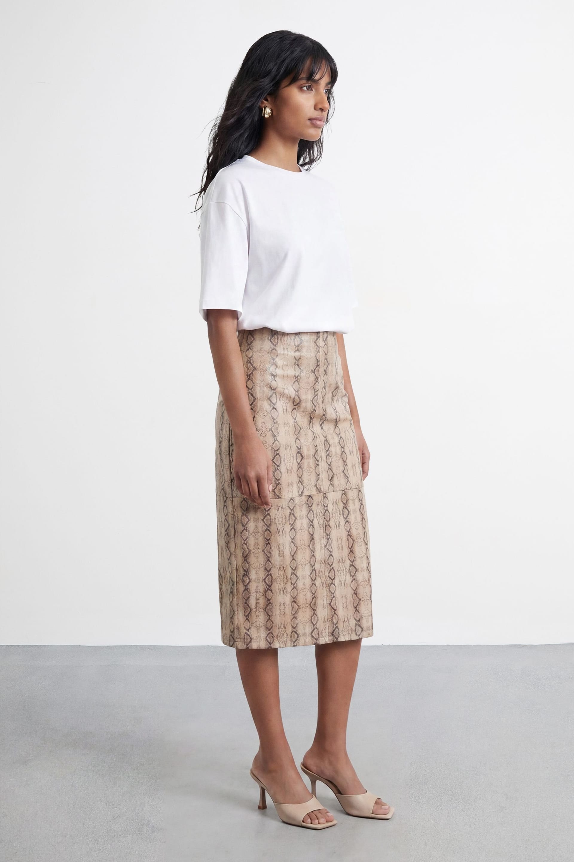 Warehouse Warehouse Women's Snake Print Faux Leather Midi Skirt in Cream - 4