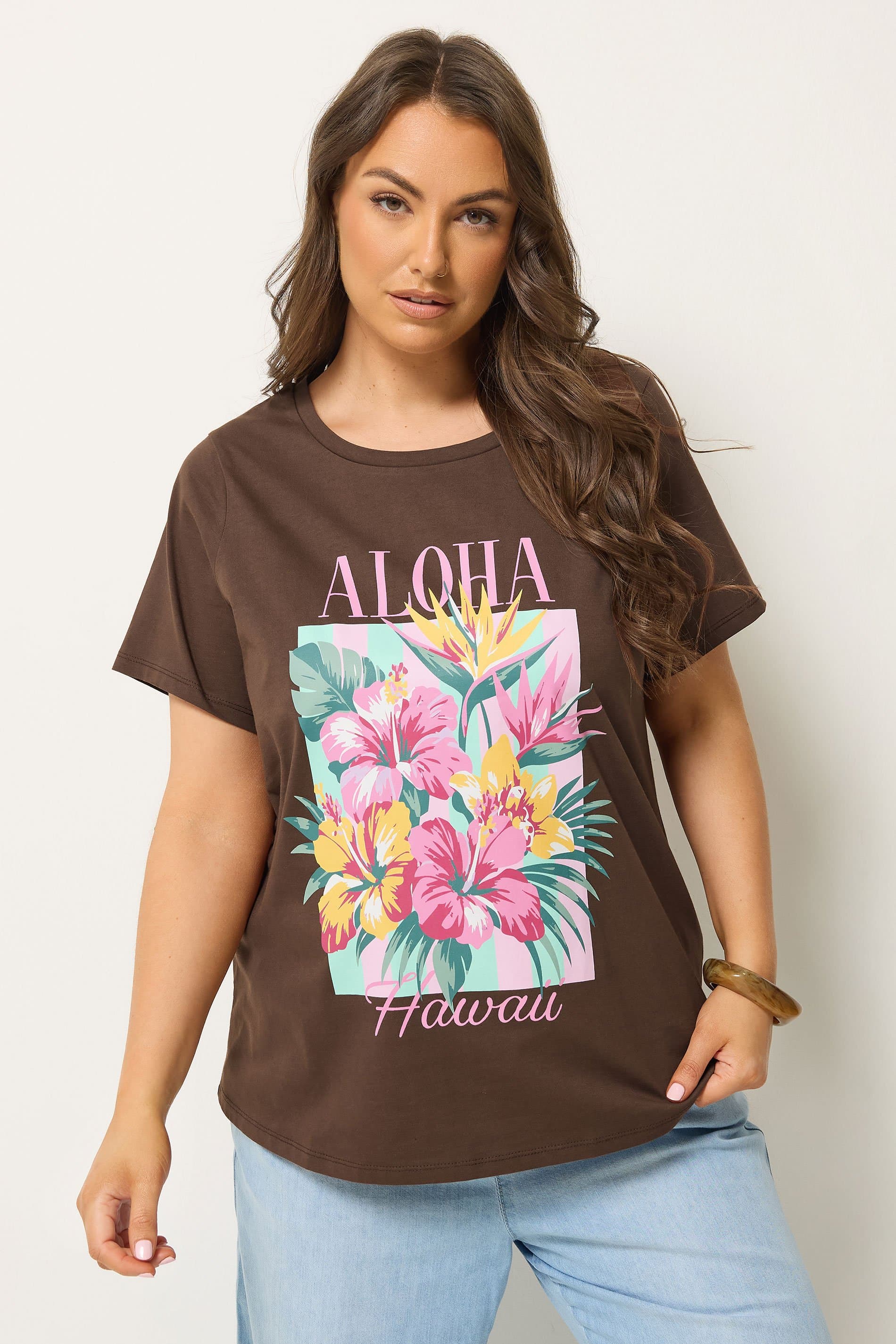 Yours Plus Size Brown 'Aloha Hawaii' Graphic Tshirt