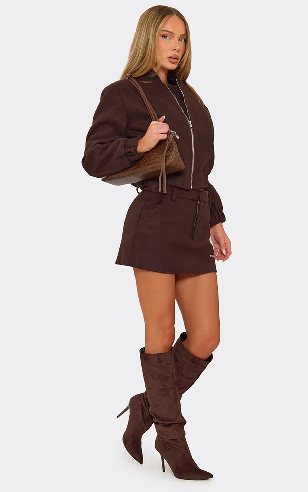 EGO Low Rise Zip Detail Mini Skirt In Brown Wool Look, Women's Size UK 6