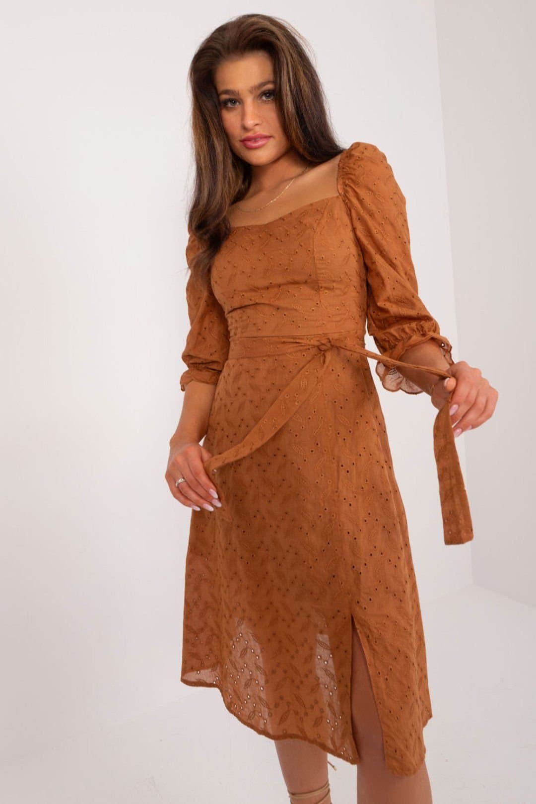 Love Lace Love Lace Women's Cotton Midi Summer Dress with Puff Sleeves in Brown