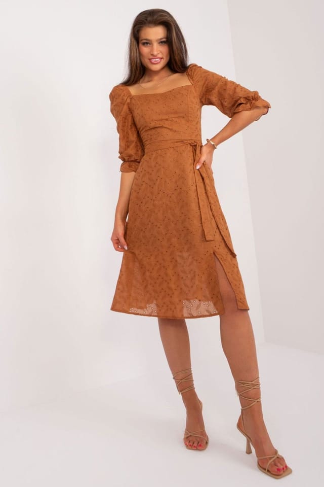 Love Lace Love Lace Women's Cotton Midi Summer Dress with Puff Sleeves in Brown - 2