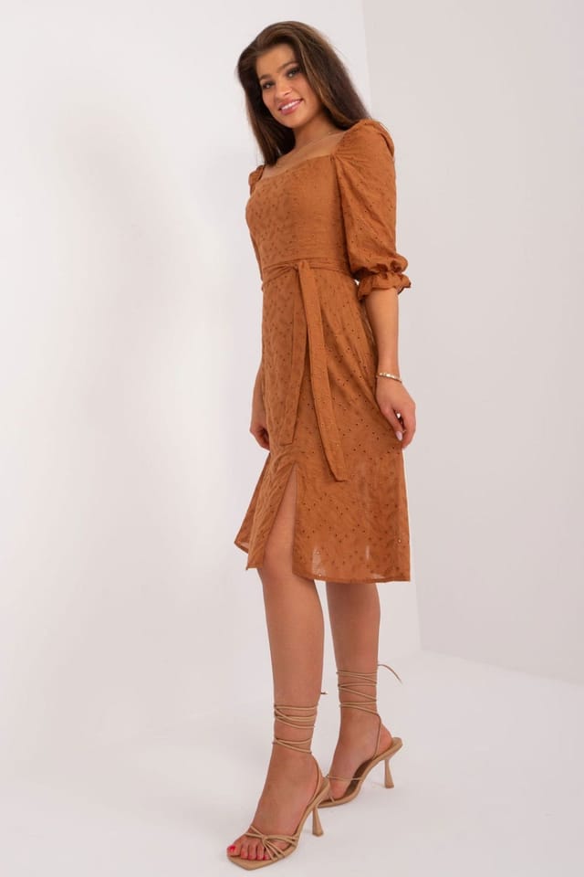 Love Lace Love Lace Women's Cotton Midi Summer Dress with Puff Sleeves in Brown - 3