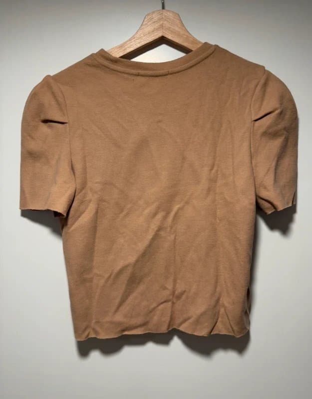 Bershka Beige/Salmon knitted crop top with slightly puffed sleeves Bershka