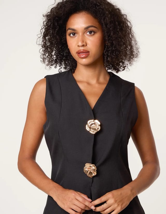 Blue Vanilla Tailored Flower Button Front Sleeveless Vest - 2