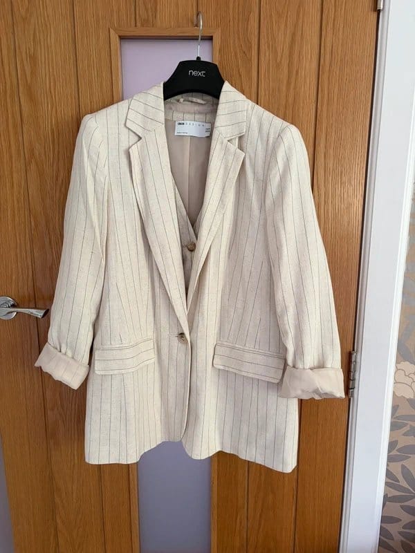 ASOS Design Ecru Striped Linen Blazer and Waistcoat Set