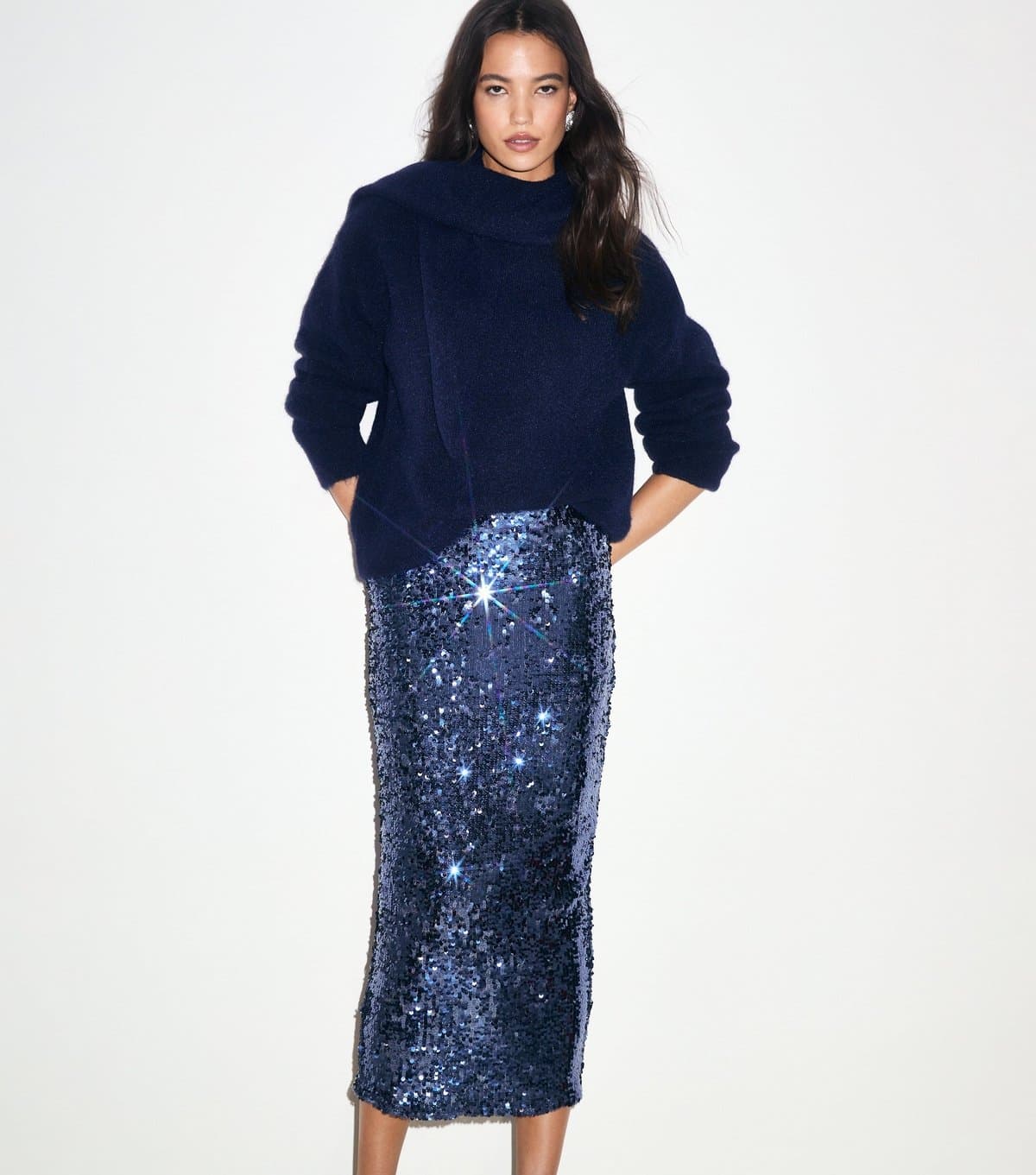 New Look Women's Blue Sequin Embellished Midi Skirt New Look