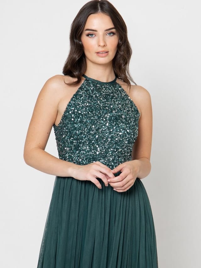Maya Deluxe Maya Deluxe Women's Embellished Halter Neck Maxi Dress in Emerald - 2