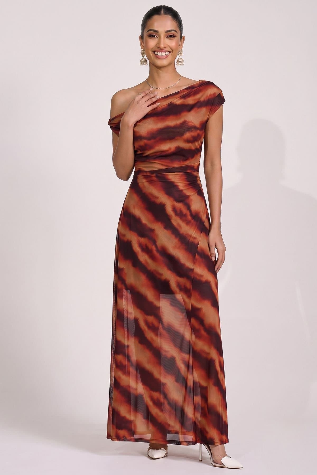 Jolie Moi Jolie Moi Women's Mesh Asymmetrical Off-Shoulder Maxi Dress in Orange