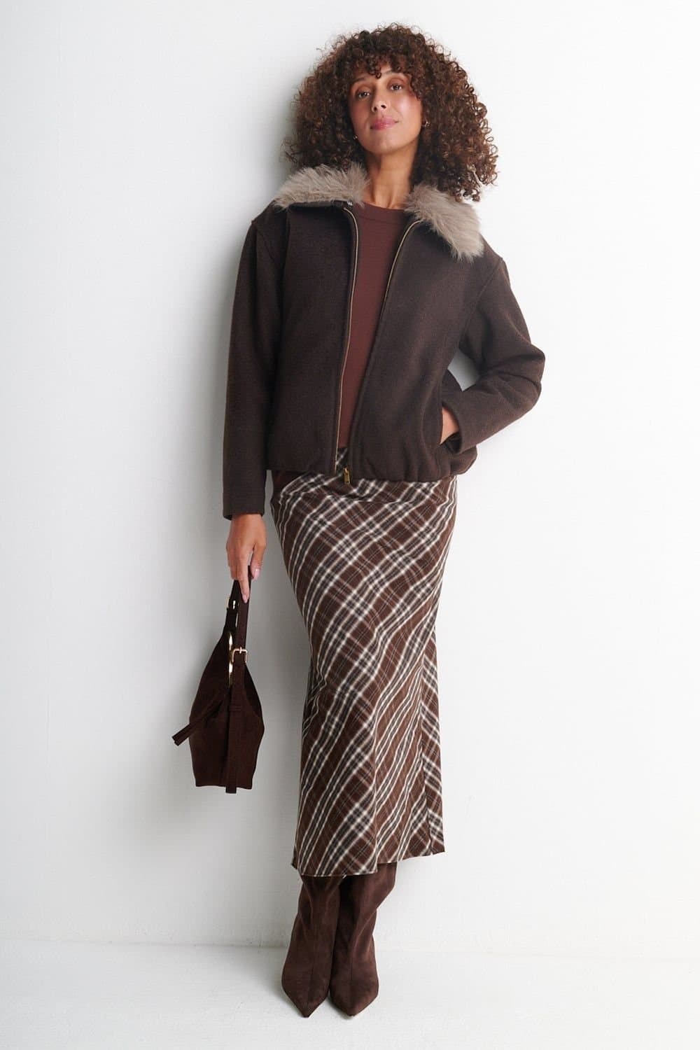 Klass. Klass. Women's Boucle Jacket with Faux Fur Collar in Chocolate