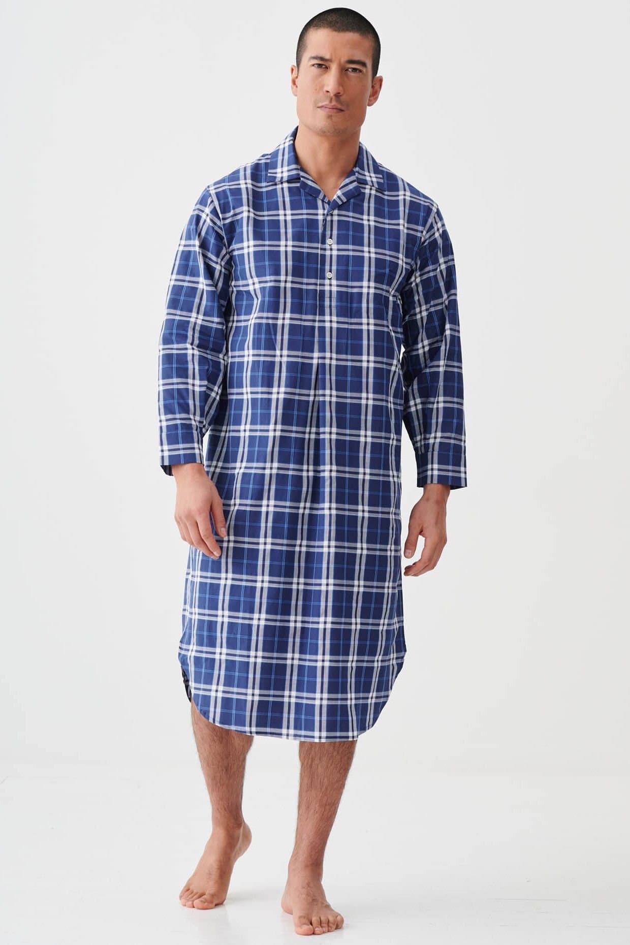 British Boxers British Boxers Men's "Chester Blue on Blue" Check Crisp Cotton Nightshirt in Dark Blue