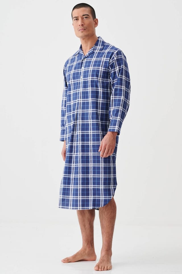 British Boxers British Boxers Men's "Chester Blue on Blue" Check Crisp Cotton Nightshirt in Dark Blue - 2