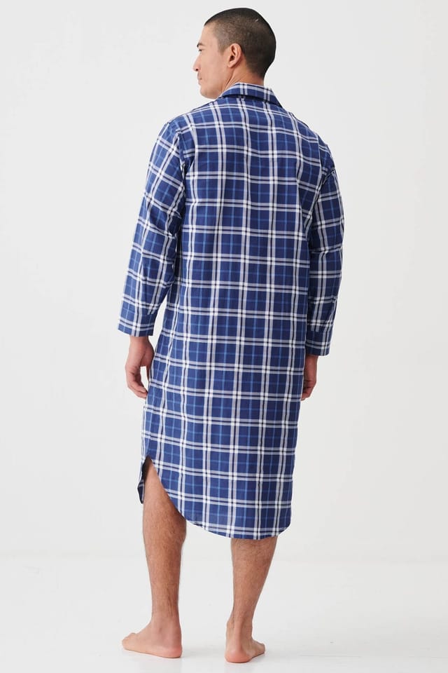 British Boxers British Boxers Men's "Chester Blue on Blue" Check Crisp Cotton Nightshirt in Dark Blue - 3