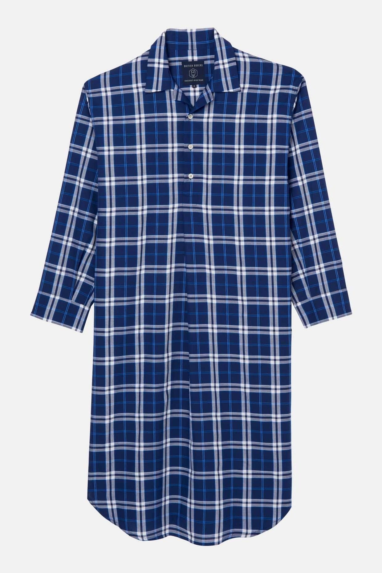British Boxers British Boxers Men's "Chester Blue on Blue" Check Crisp Cotton Nightshirt in Dark Blue - 4