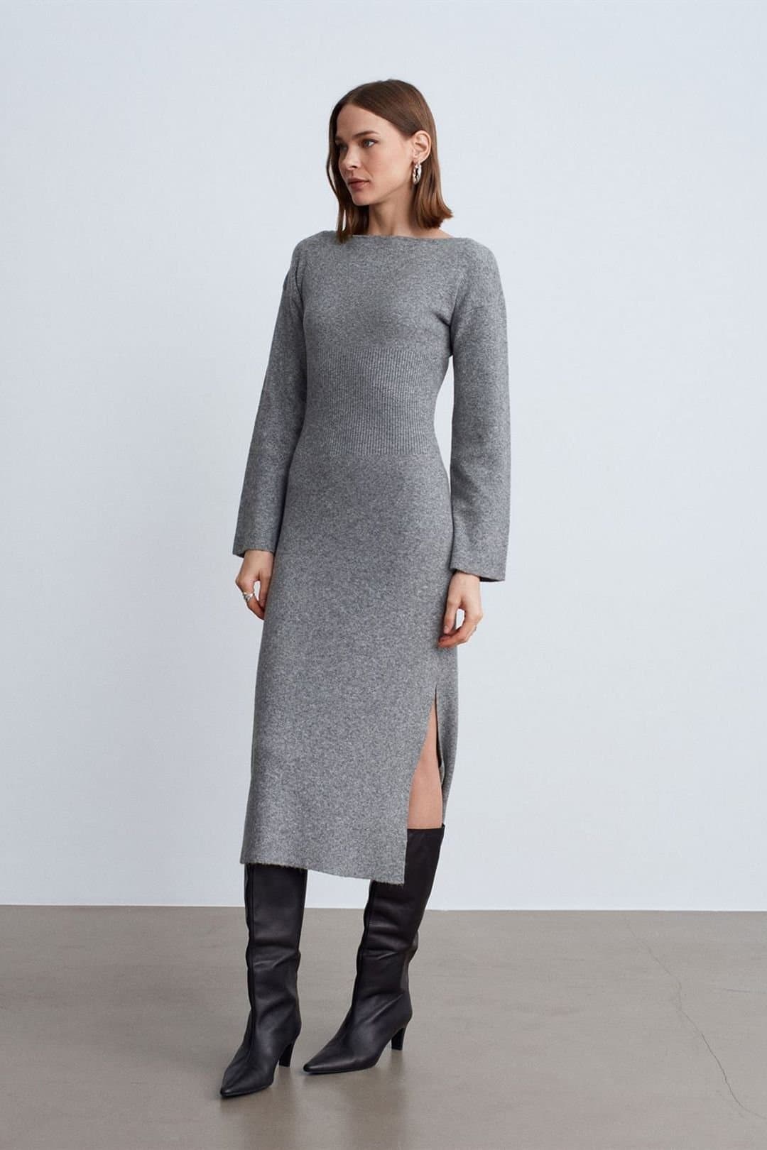 Dilvin Dilvin Women's Ribbed Bodycon Midi Dress With Slit in Grey