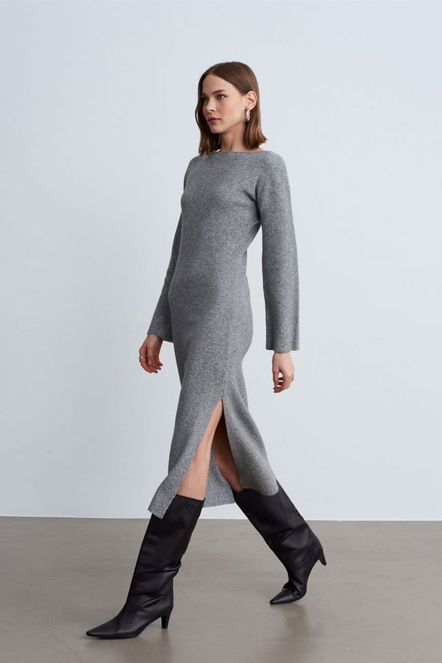 Dilvin Dilvin Women's Ribbed Bodycon Midi Dress With Slit in Grey - 2