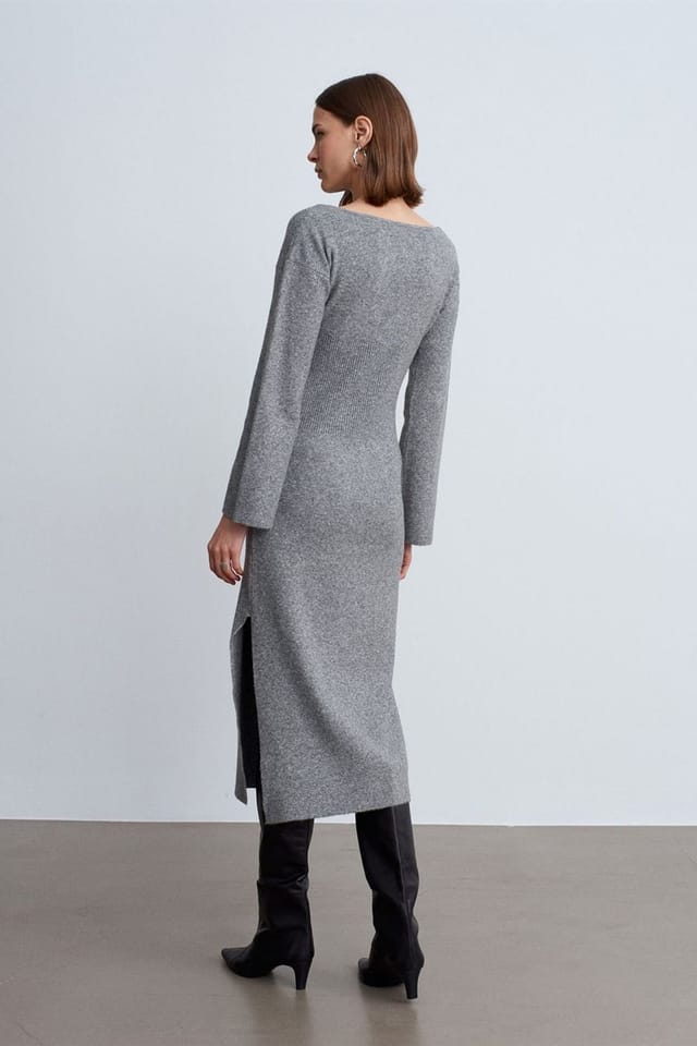 Dilvin Dilvin Women's Ribbed Bodycon Midi Dress With Slit in Grey - 3