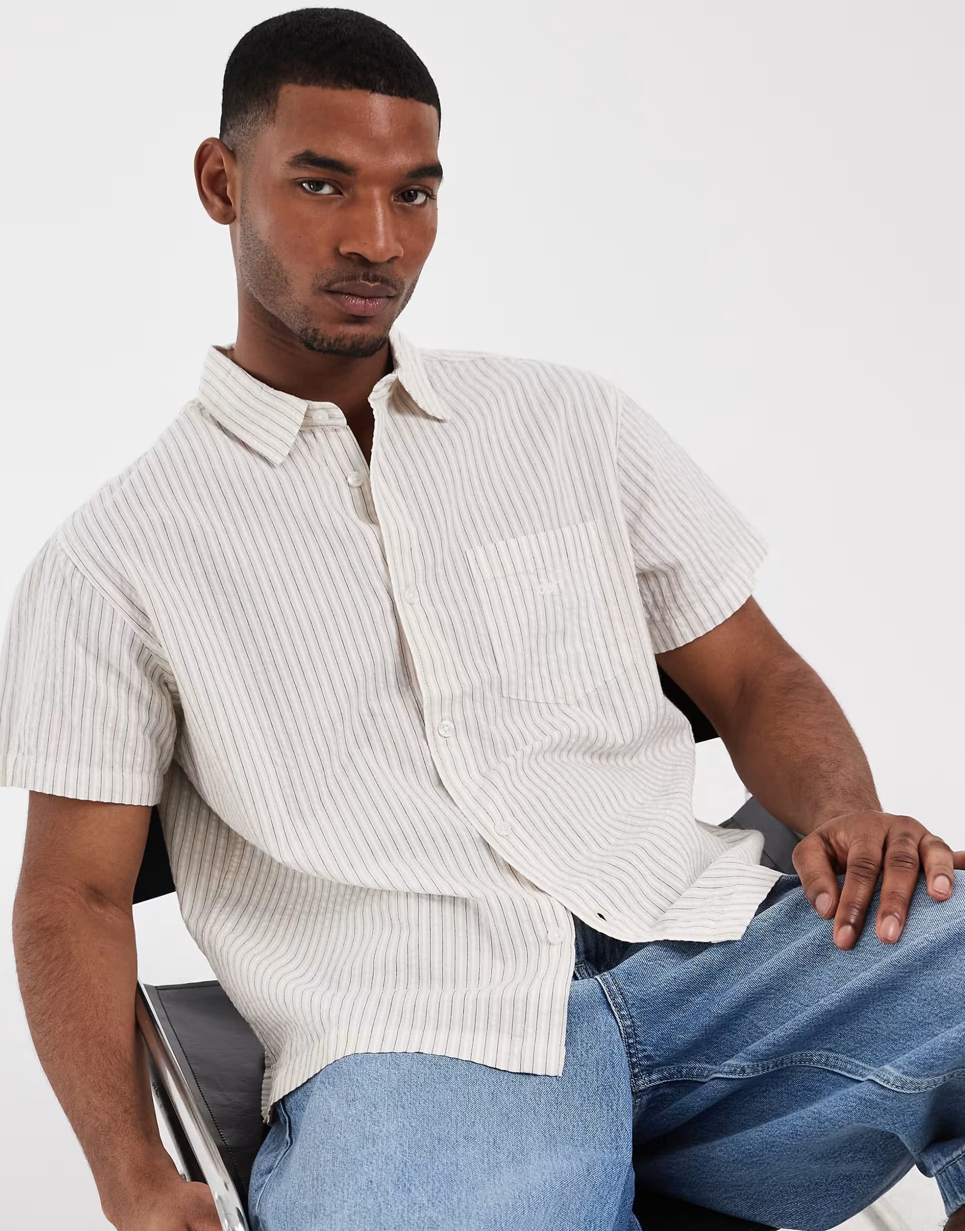 ASOS Obey bigwig ian woven short sleeve stripe shirt in sage green