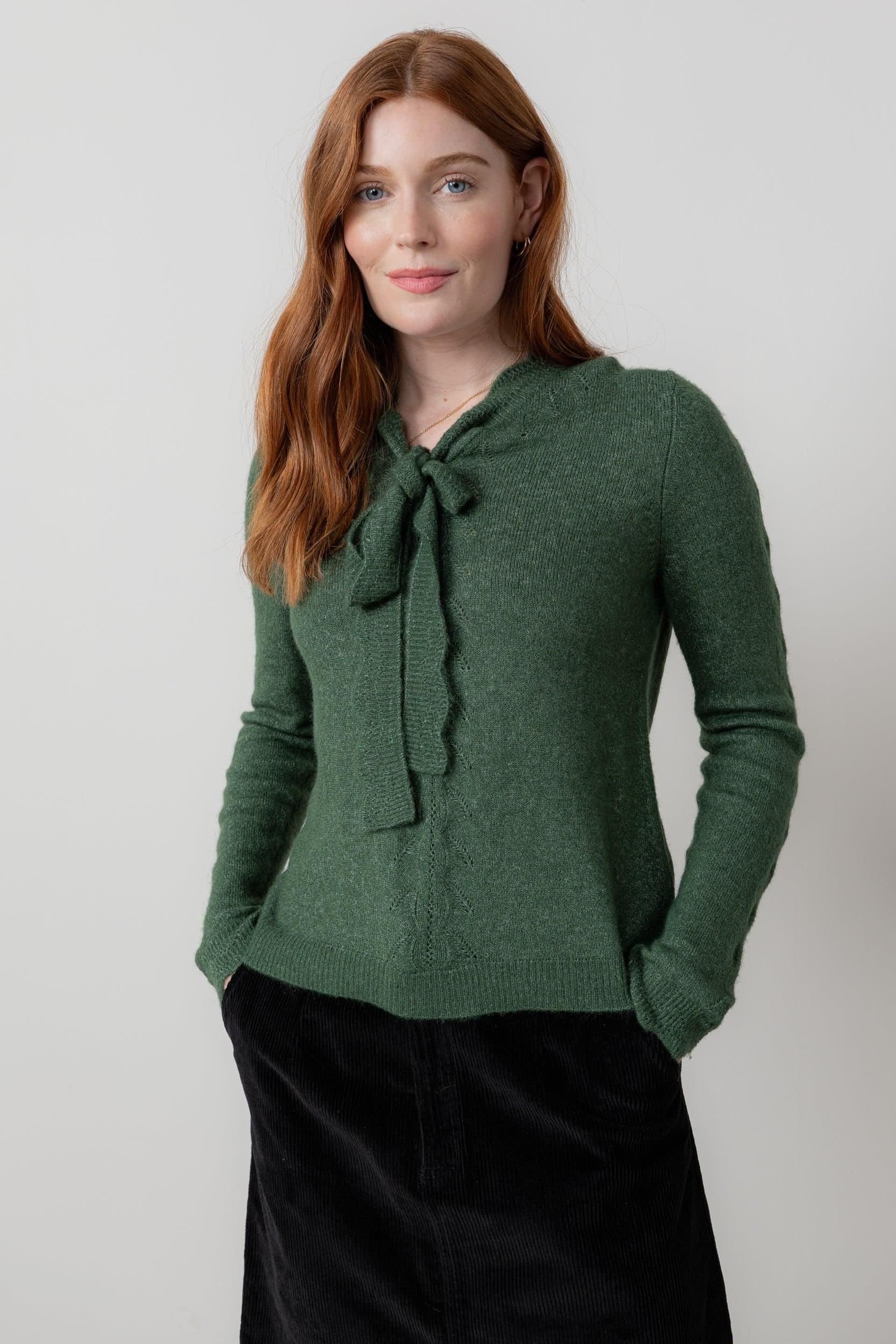 Lily & Me Lily & Me Women's Elise Tie Neck Blended yarn Pointelle Knit Jumper in Dark Green