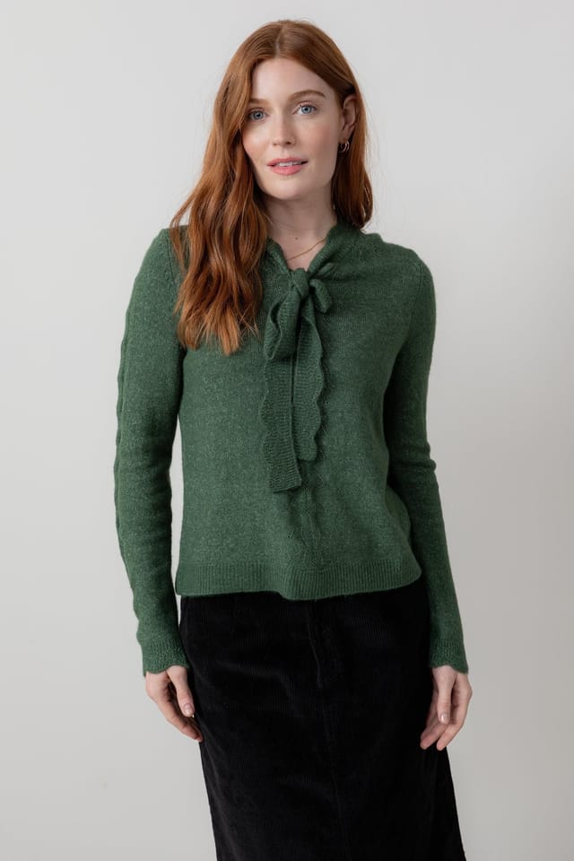 Lily & Me Lily & Me Women's Elise Tie Neck Blended yarn Pointelle Knit Jumper in Dark Green - 2