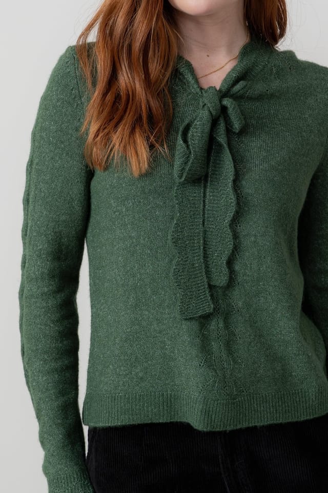 Lily & Me Lily & Me Women's Elise Tie Neck Blended yarn Pointelle Knit Jumper in Dark Green - 3