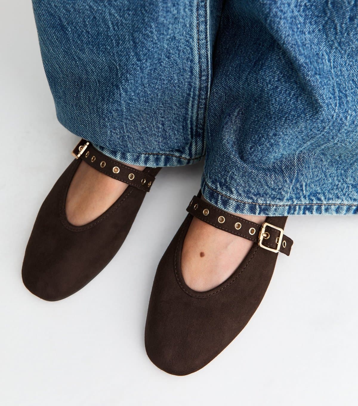 New Look Women's Dark Brown Faux Suede Eyelet Strap Mary Jane Flats Vegan New Look