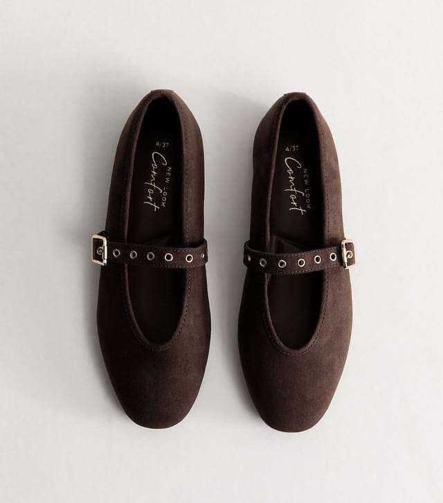 New Look Women's Dark Brown Faux Suede Eyelet Strap Mary Jane Flats Vegan New Look - 2