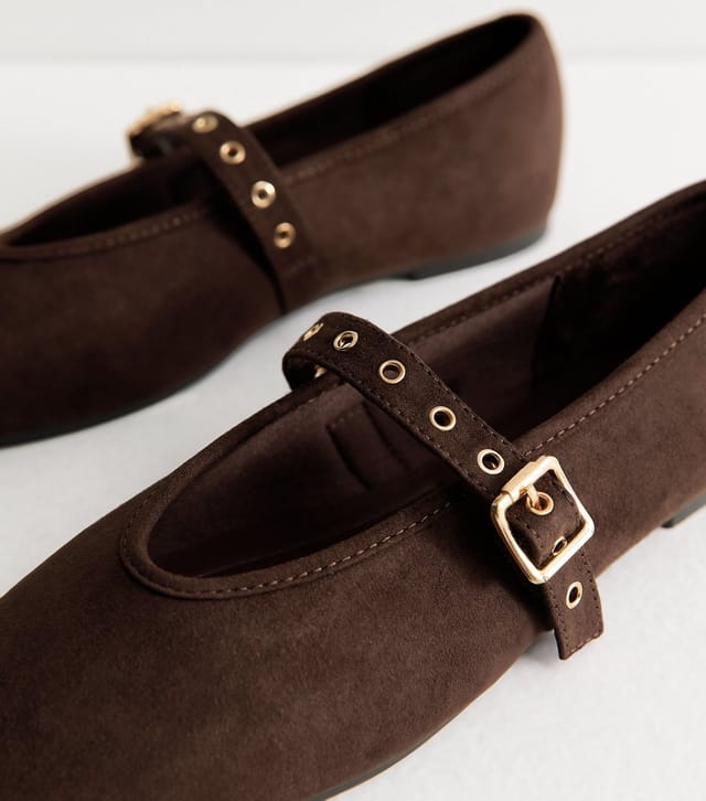 New Look Women's Dark Brown Faux Suede Eyelet Strap Mary Jane Flats Vegan New Look - 3