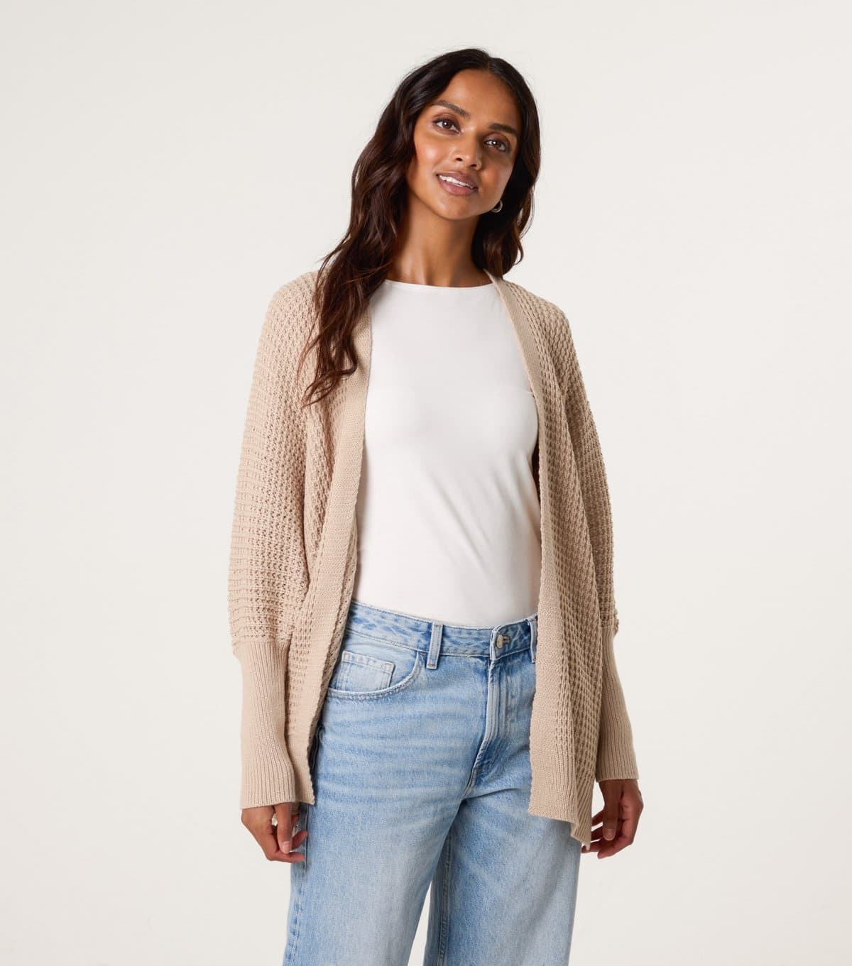 Blue Vanilla Women's Oatmeal Open Front Waffle Knit Cardigan Blue Vanilla New Look