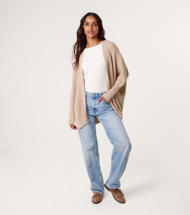 Blue Vanilla Women's Oatmeal Open Front Waffle Knit Cardigan Blue Vanilla New Look - 2