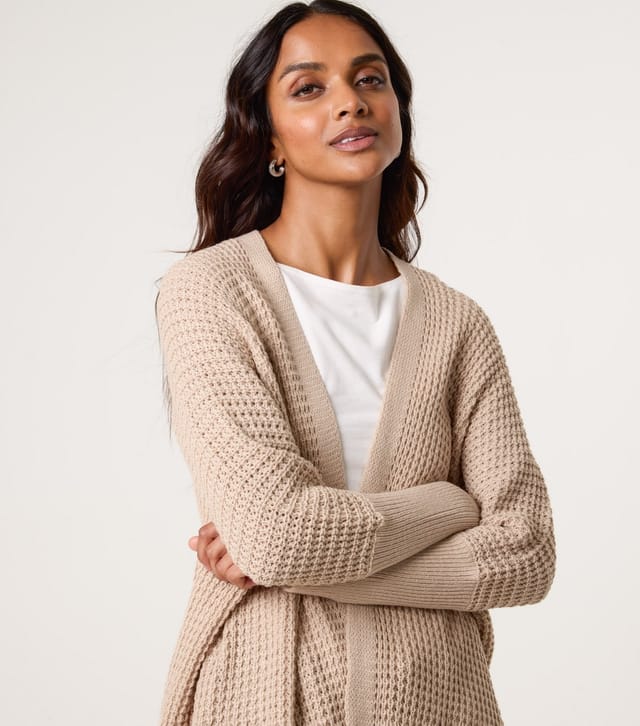 Blue Vanilla Women's Oatmeal Open Front Waffle Knit Cardigan Blue Vanilla New Look - 3