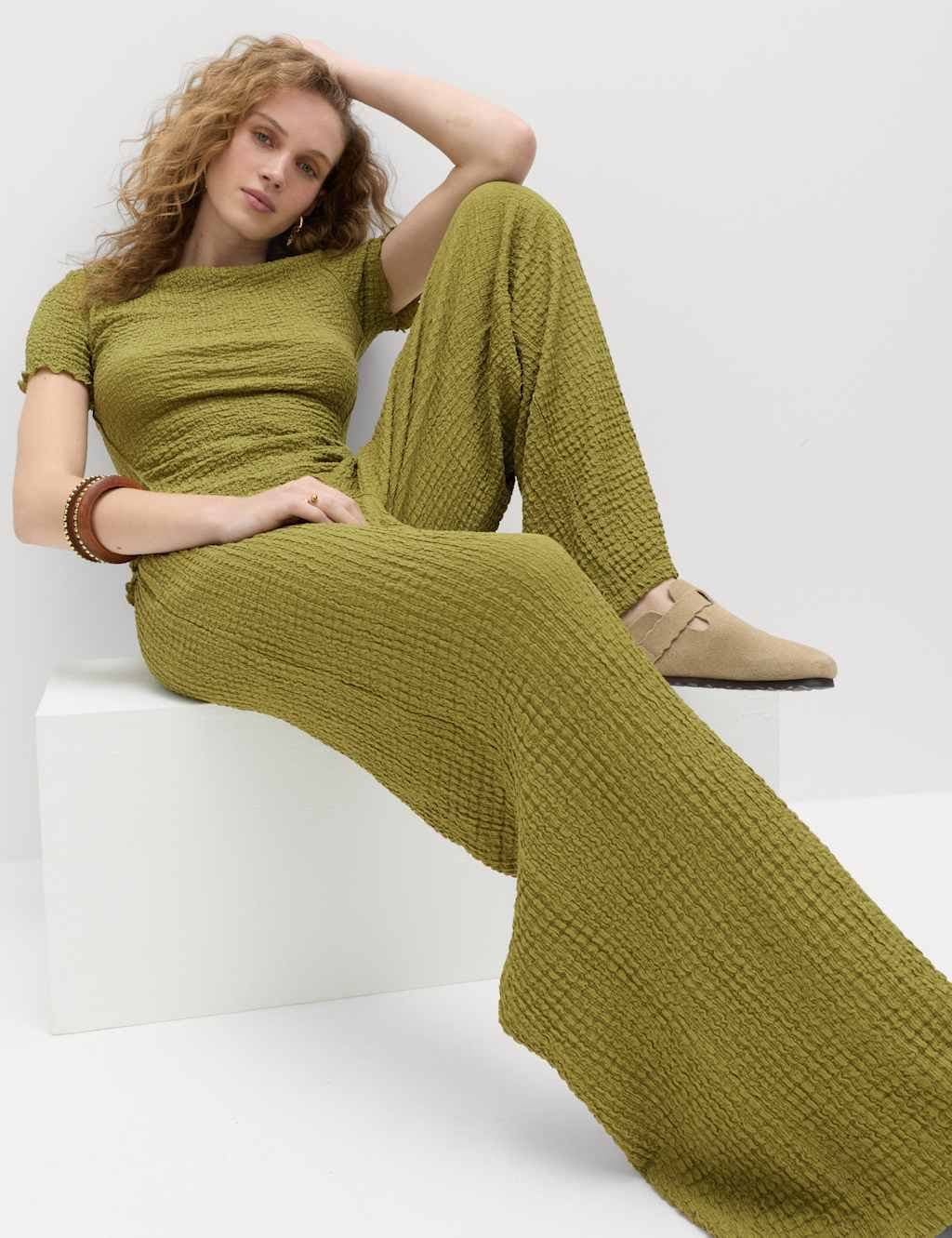 Marks & Spencer M&S Textured Pull On Wide Leg Trousers Winter Lime