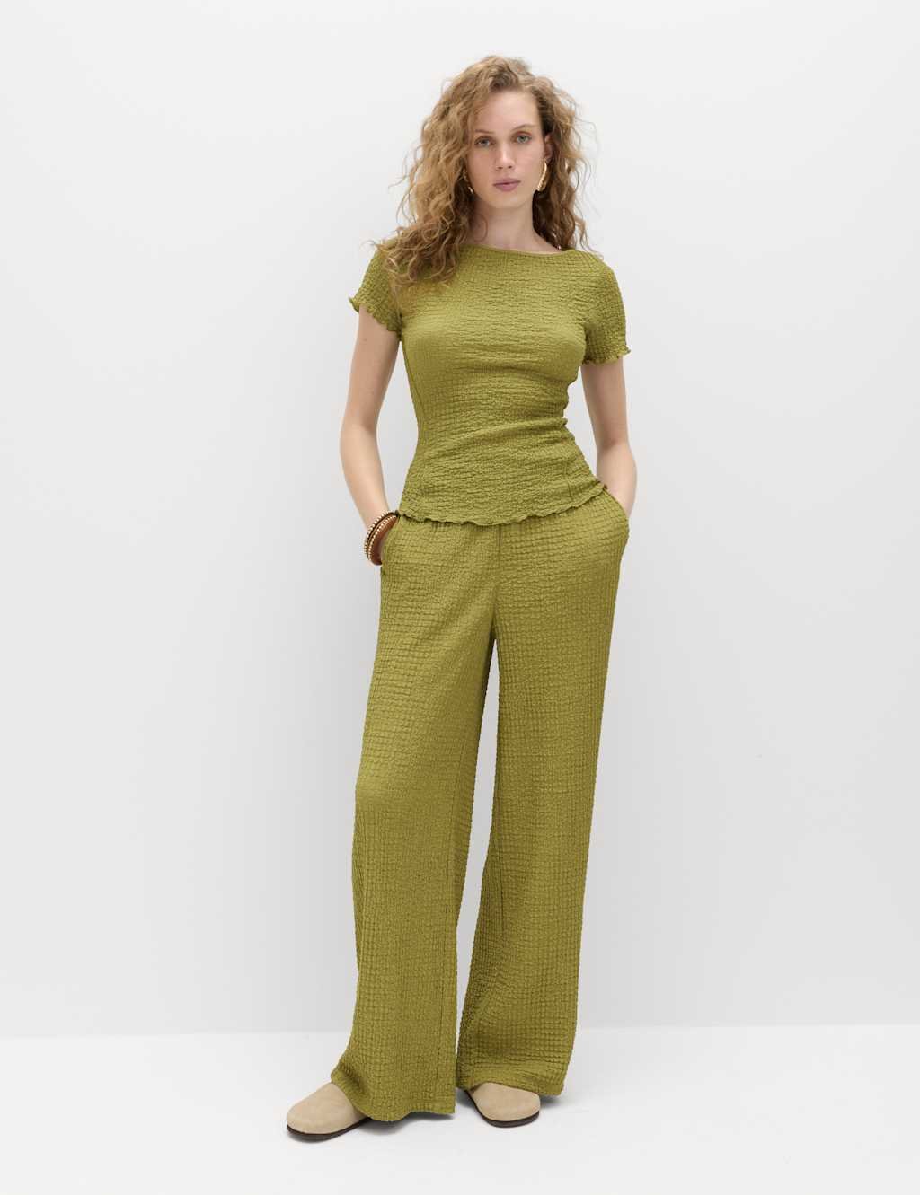 Marks & Spencer M&S Textured Pull On Wide Leg Trousers Winter Lime - 2