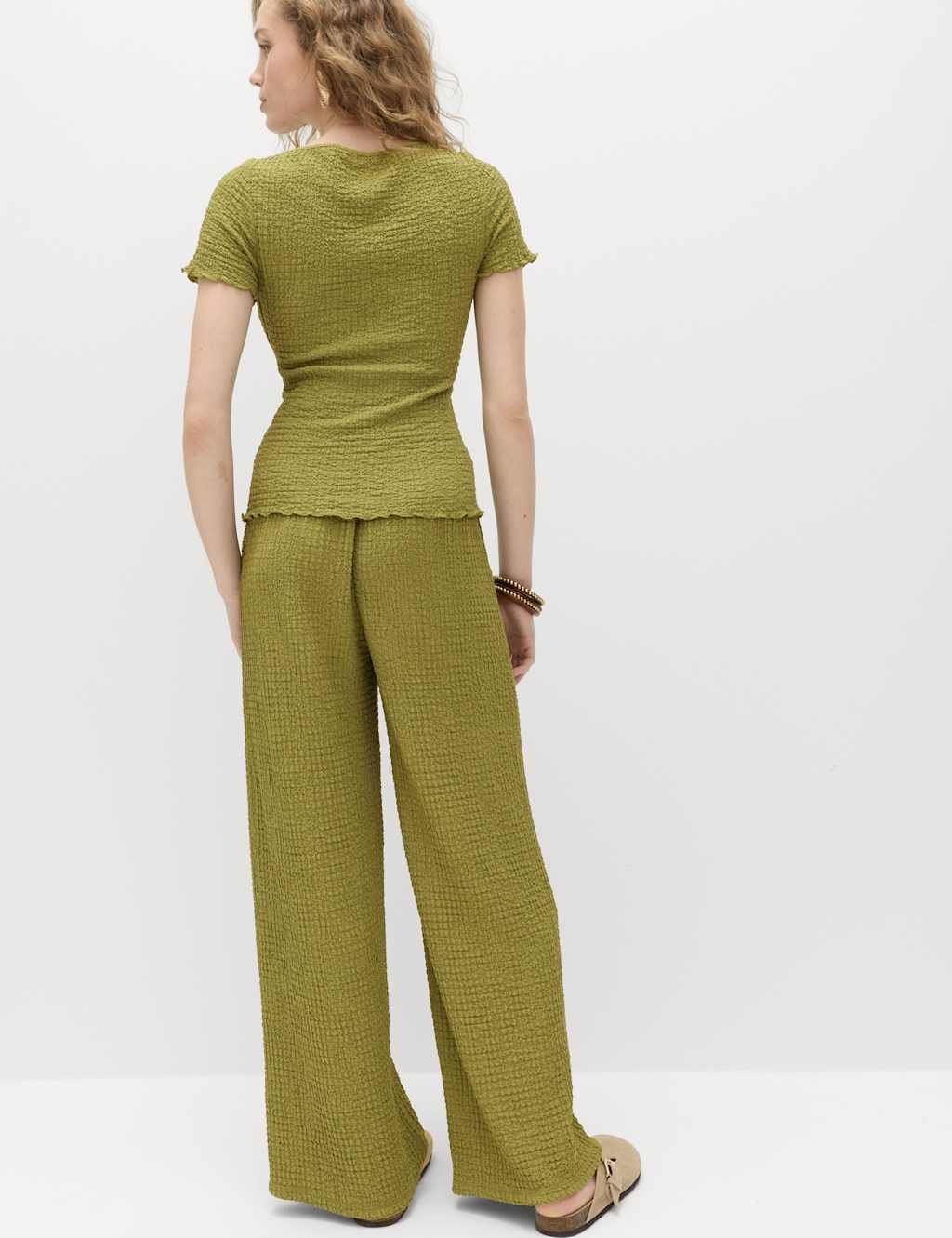 Marks & Spencer M&S Textured Pull On Wide Leg Trousers Winter Lime - 3