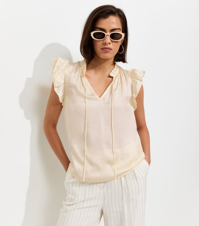 New Look Women's Cream Frilly Cap Sleeve Tie Neck Top New Look - 2