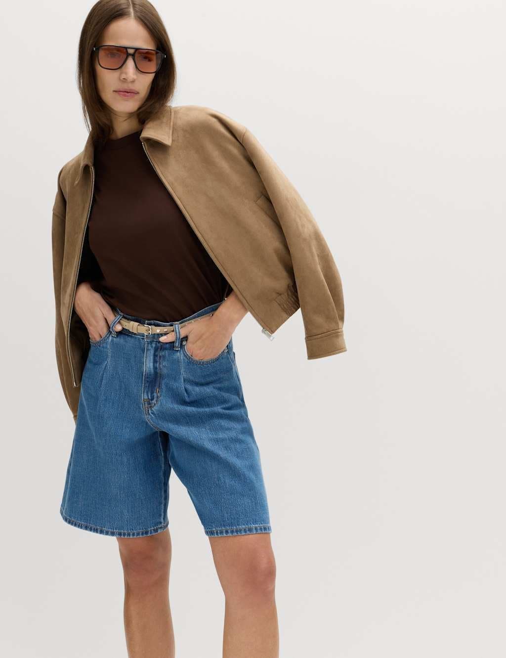 Marks & Spencer M&S Medium Indigo Denim Pleat Front Wide Shorts