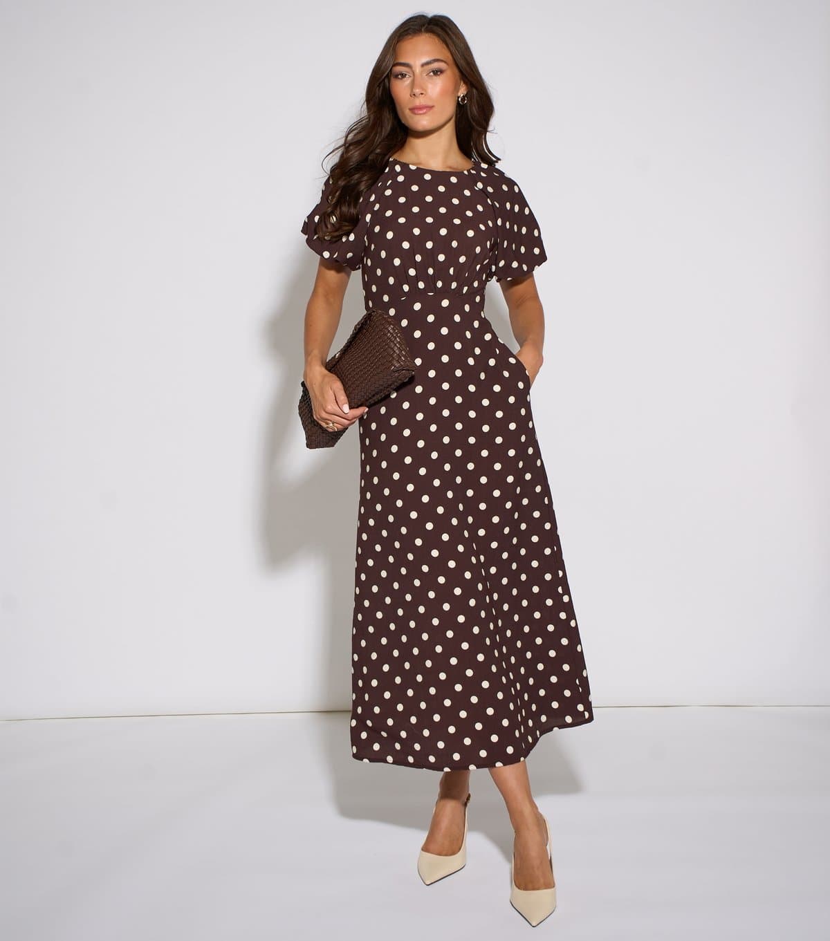 Gini London Women's Brown Spot Print Puff Sleeve Midi Dress Gini London New Look