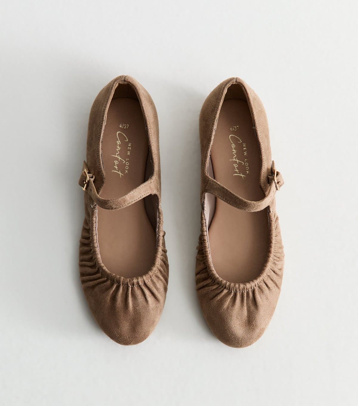 New Look Women's Mink Faux Suede Ruched Mary Jane Ballet Flats Vegan New Look