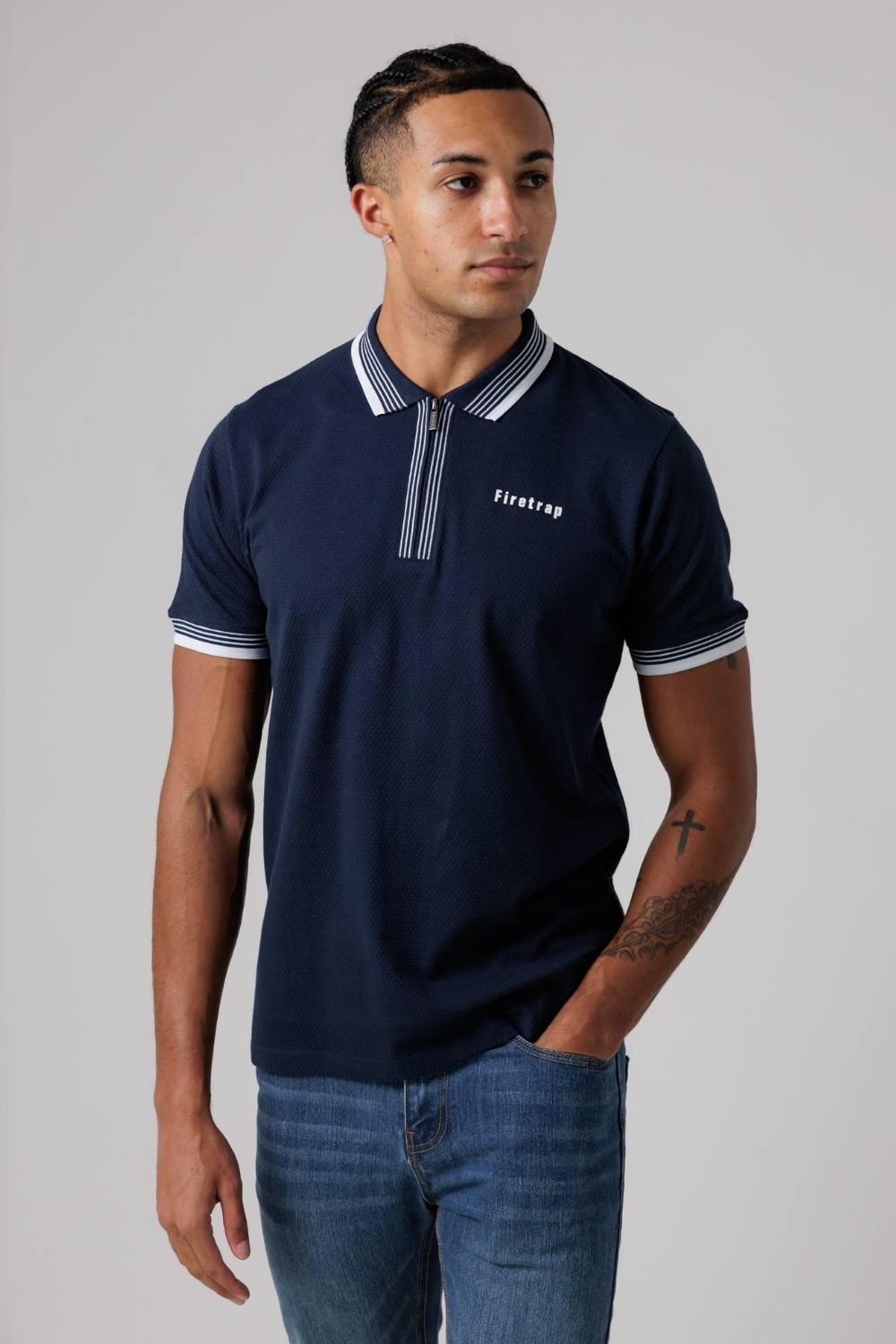 Firetrap Firetrap Men's Regular Fit Cotton Zip Polo Shirt with Gradient Stripes in Navy - 3