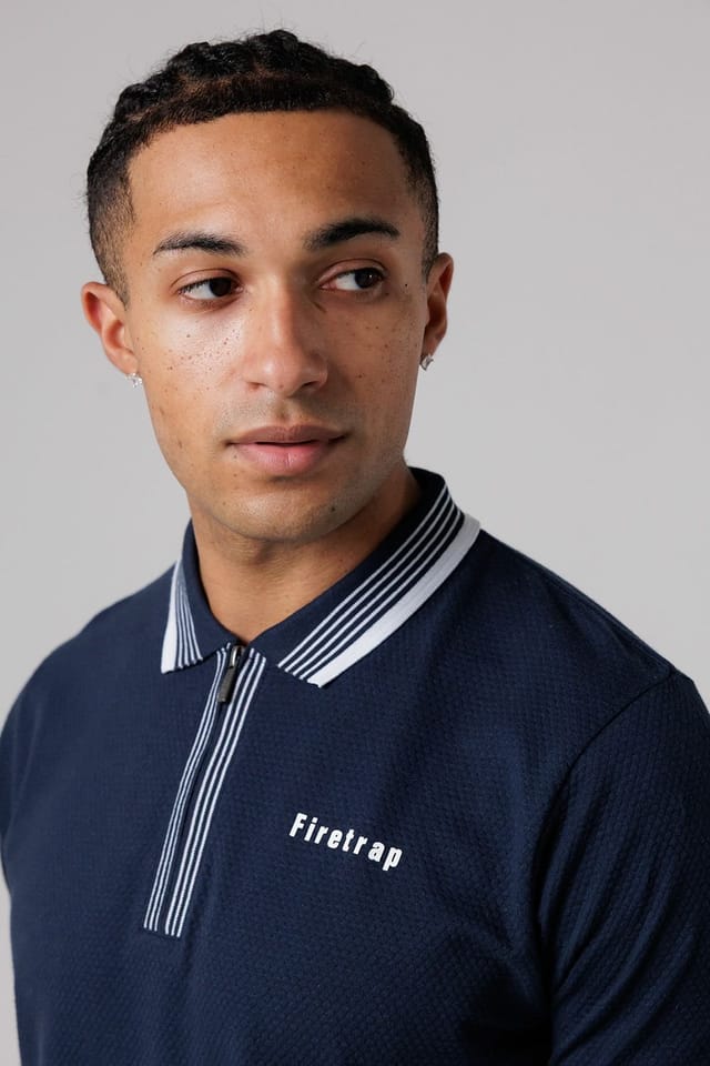 Firetrap Firetrap Men's Regular Fit Cotton Zip Polo Shirt with Gradient Stripes in Navy - 3