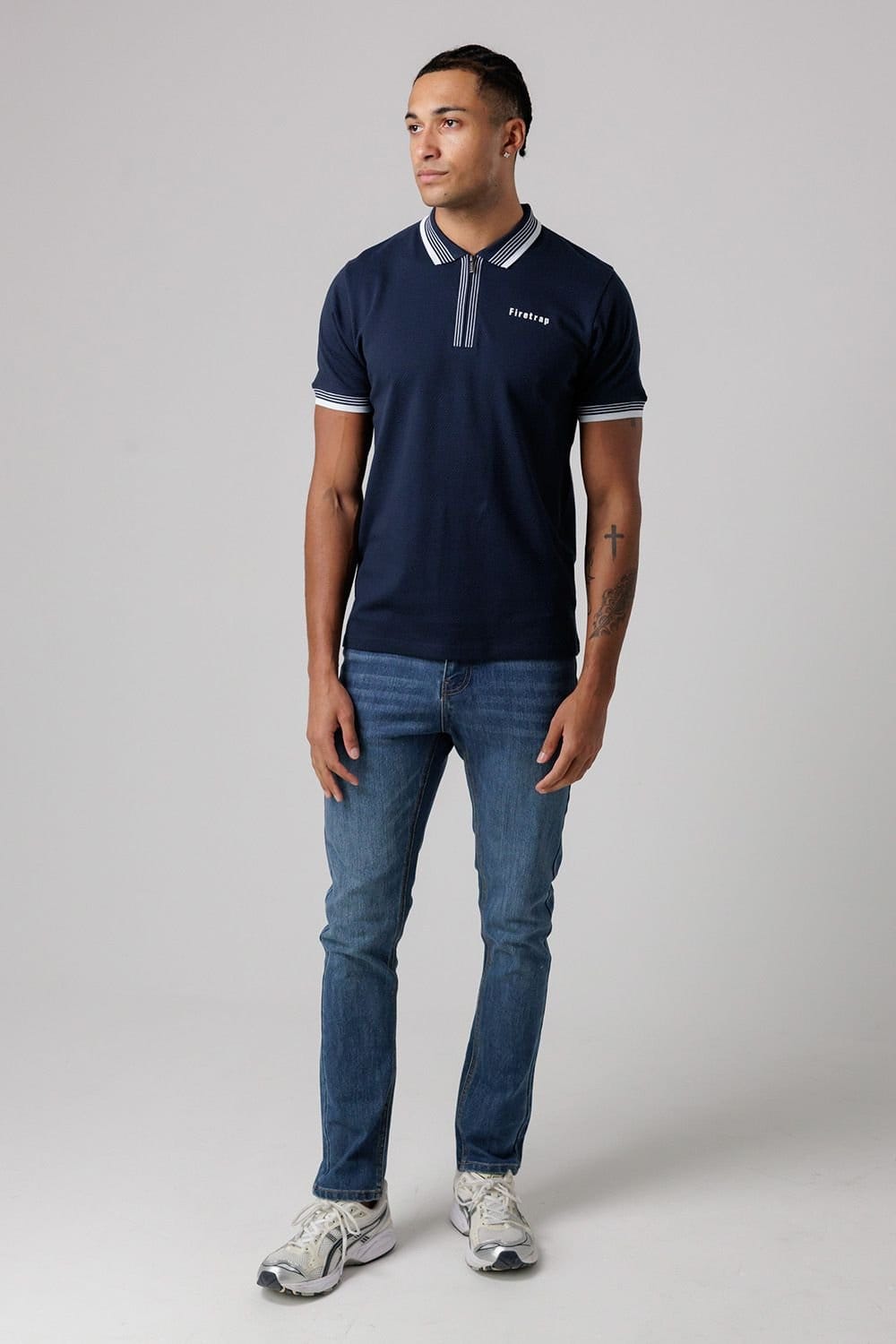 Firetrap Firetrap Men's Regular Fit Cotton Zip Polo Shirt with Gradient Stripes in Navy - 4