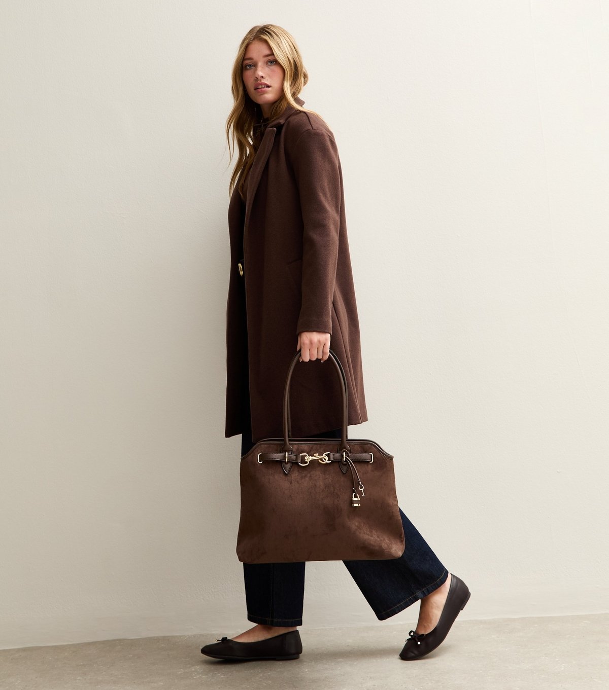 New Look Dark Brown Faux Suede Belted Tote Bag Vegan New Look - 2