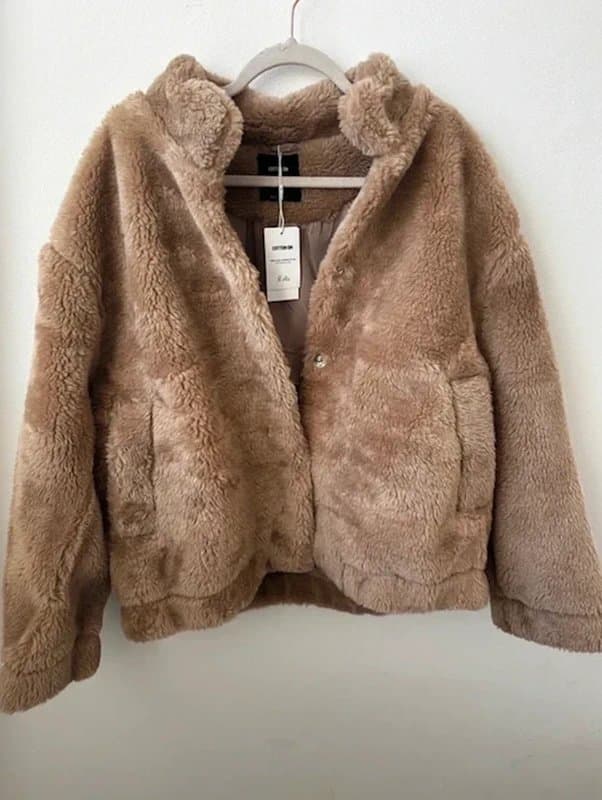 ASOS Cotton On teddy bomber jacket in stone beige brown XS/ 2XS