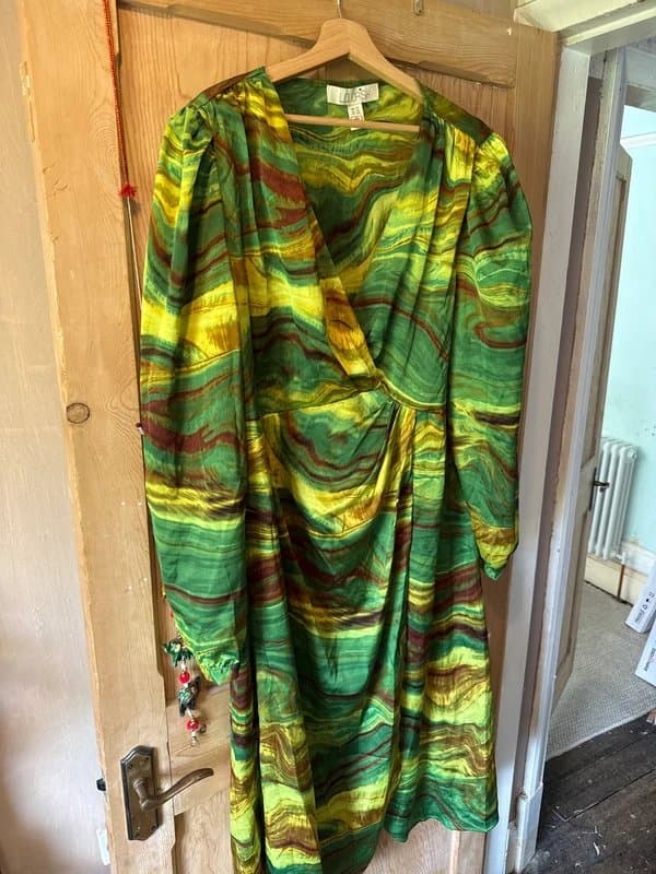 Never Fully Dressed Licorice tie-dye green and yellow wrapped dress