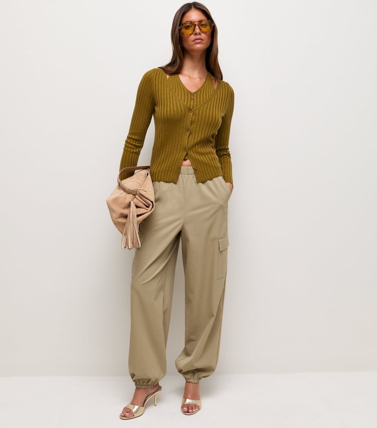 New Look Women's Dark Khaki Lightweight Rib Knit 2 In 1 Cardigan New Look
